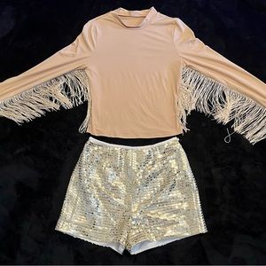 Beige fringe crop blouse